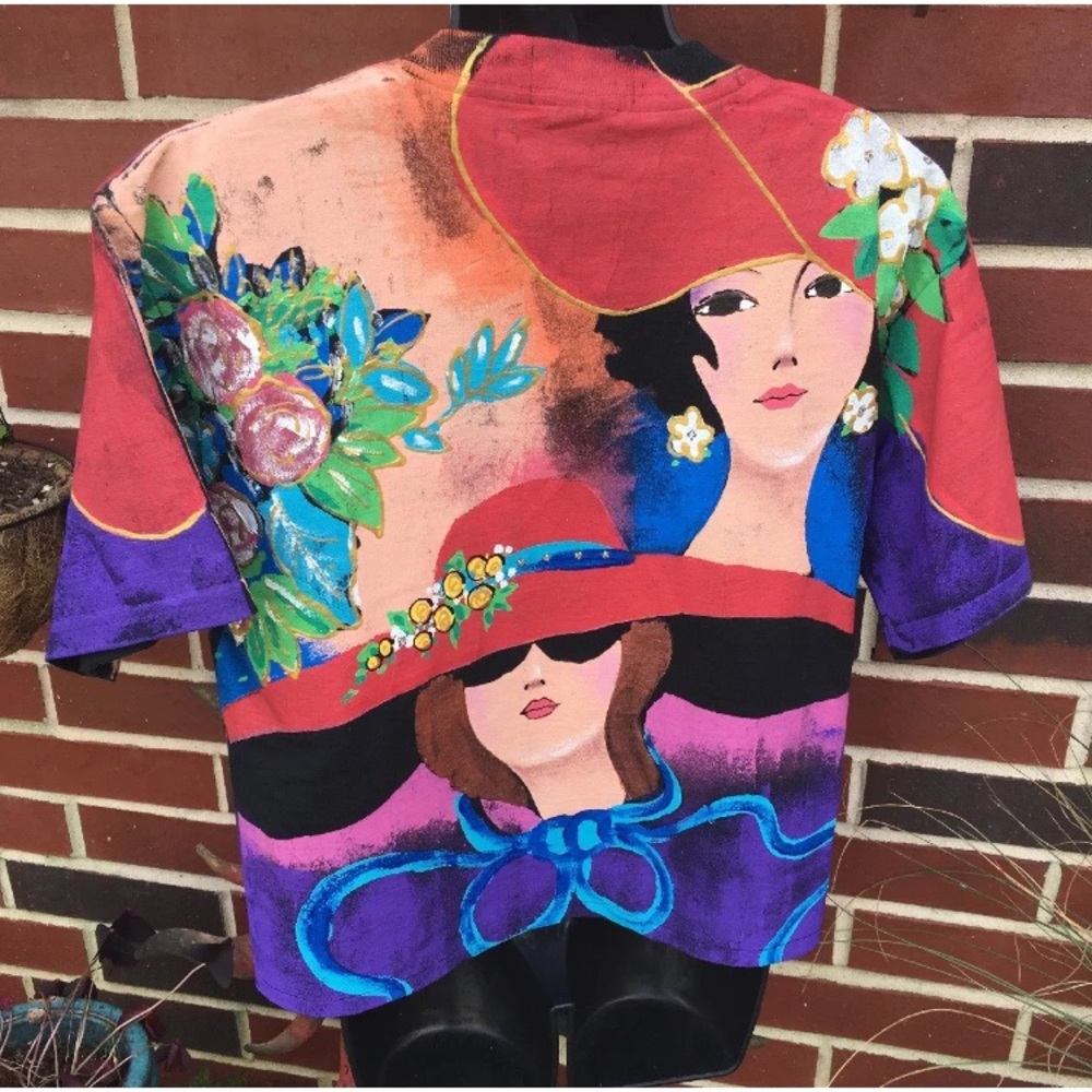 Kolorway Vintage Handpainted Ladies Floral Top Jacket Short Sleeves Red Hat Lady